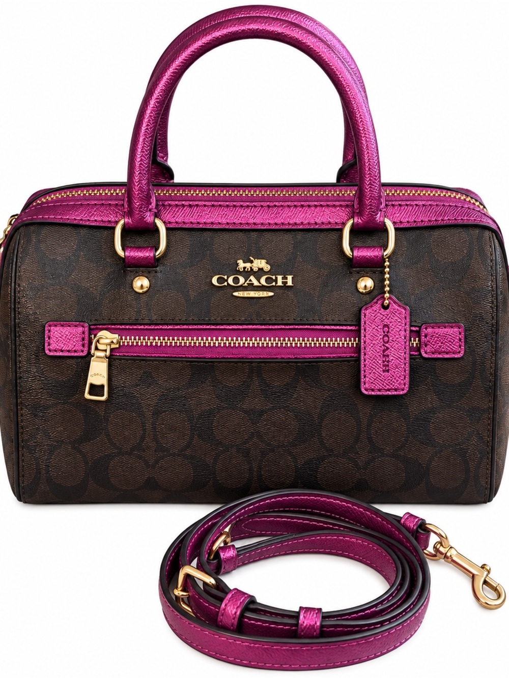 Coach Signature Brown & Hot Pink Dome Satchel Crossbody Bag